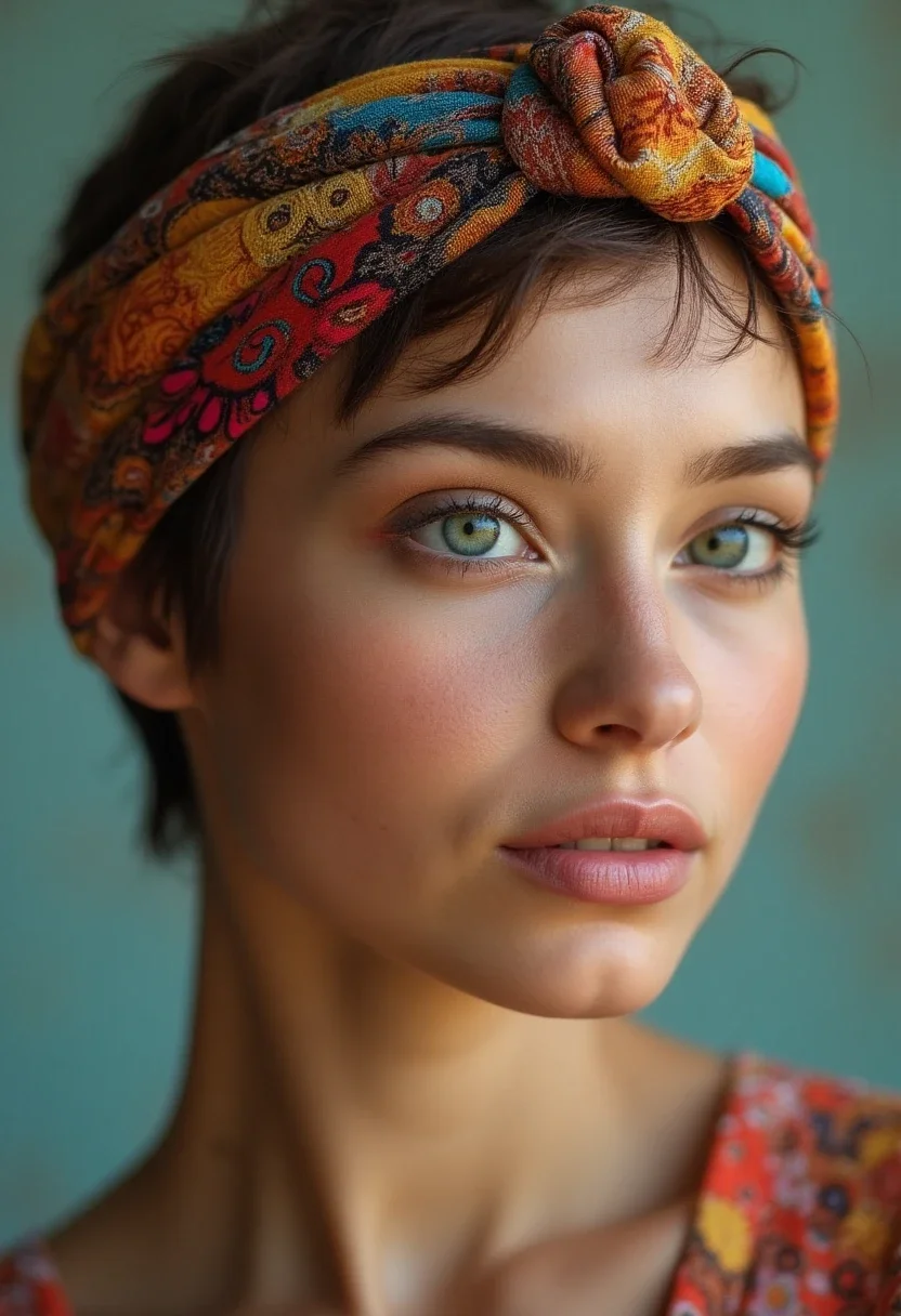 Woman with short hair and headband wrap