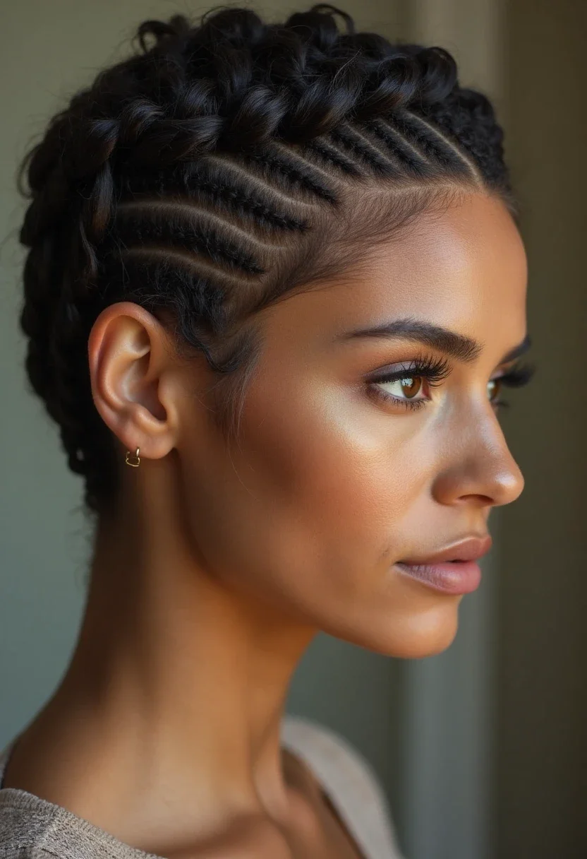 Woman with braided crown hairstyle on short hair