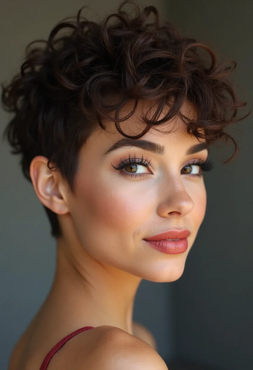 Close-up of a curly pixie cut with defined natural curls on top.
