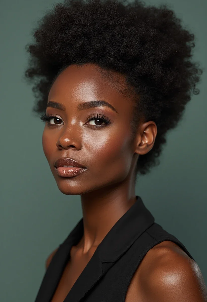 Afro puff hairstyle with voluminous gathered hair.