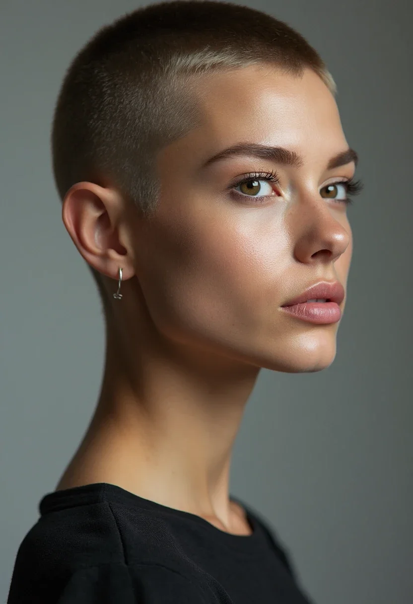 Buzz cut hairstyle with hair cut close to the scalp.