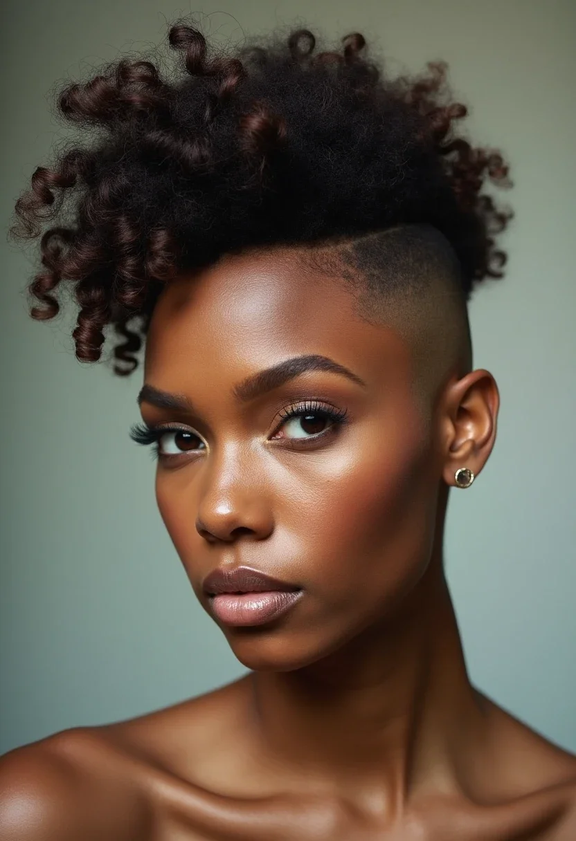 Natural mohawk hairstyle with voluminous central curls.