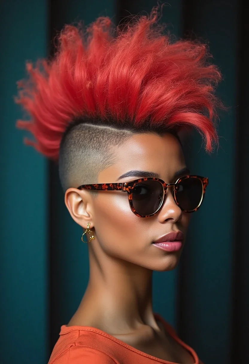 Profile view of a frohawk hairstyle with voluminous curls in the center.