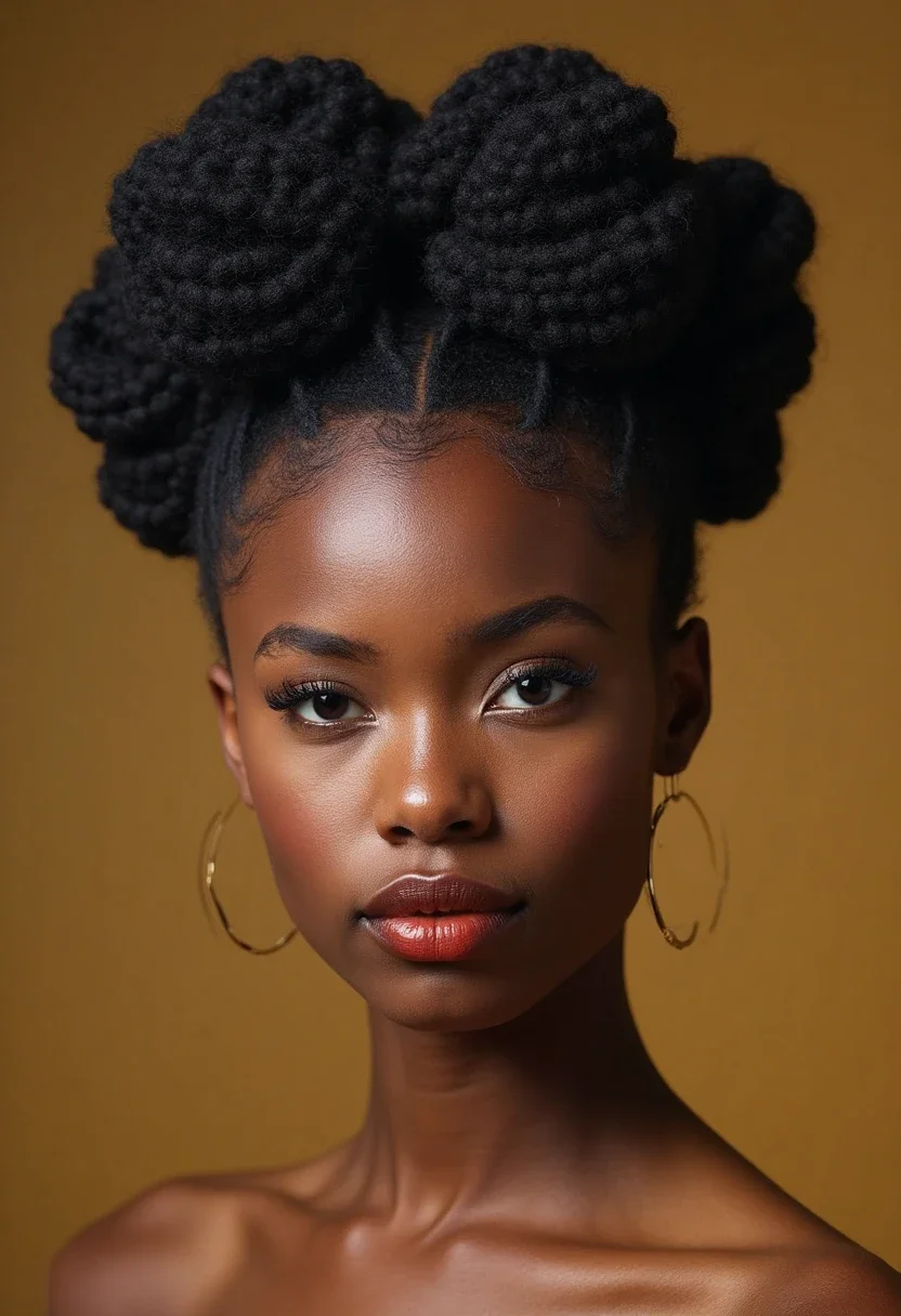 Close-up of Bantu knots showcasing neatly twisted coiled buns.