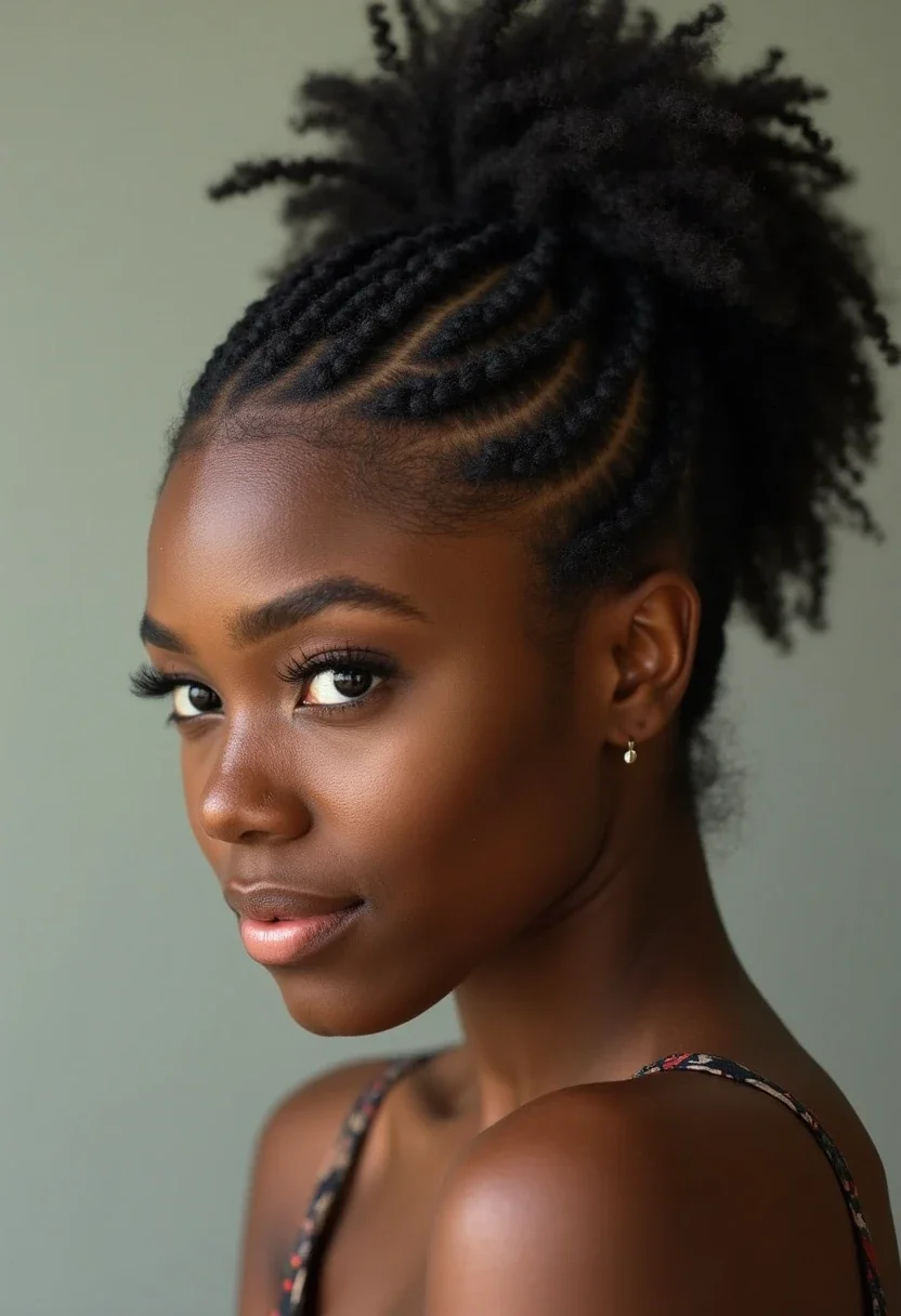 Flat twist hairstyle with neat, intricate patterns.