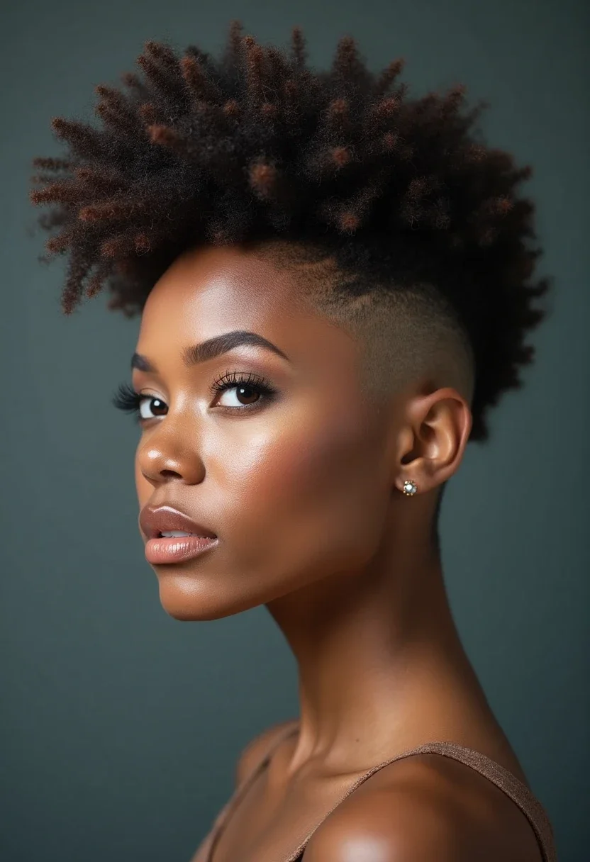 Hairstyle with shaved sides and voluminous curly top.