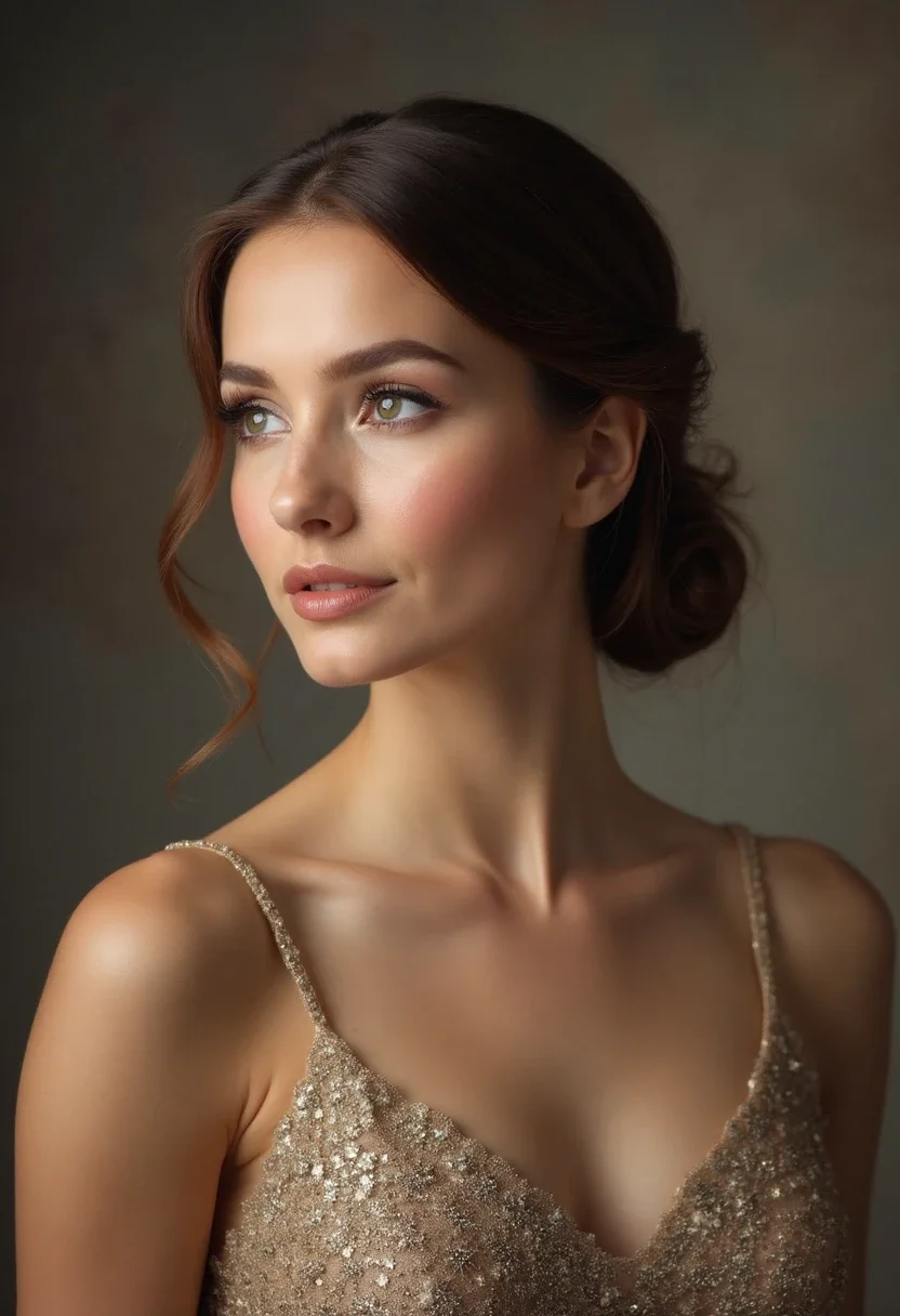 Woman with short hair styled in a sleek low bun.