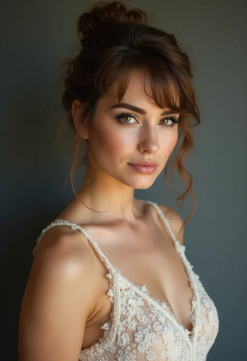 Woman with a messy chignon hairstyle on short hair.