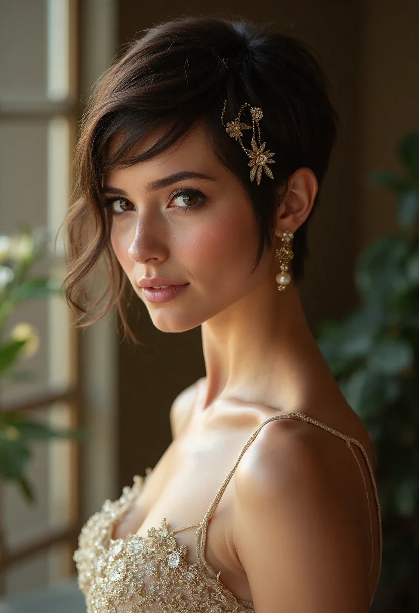 Woman with an accessorized pixie cut on short hair.