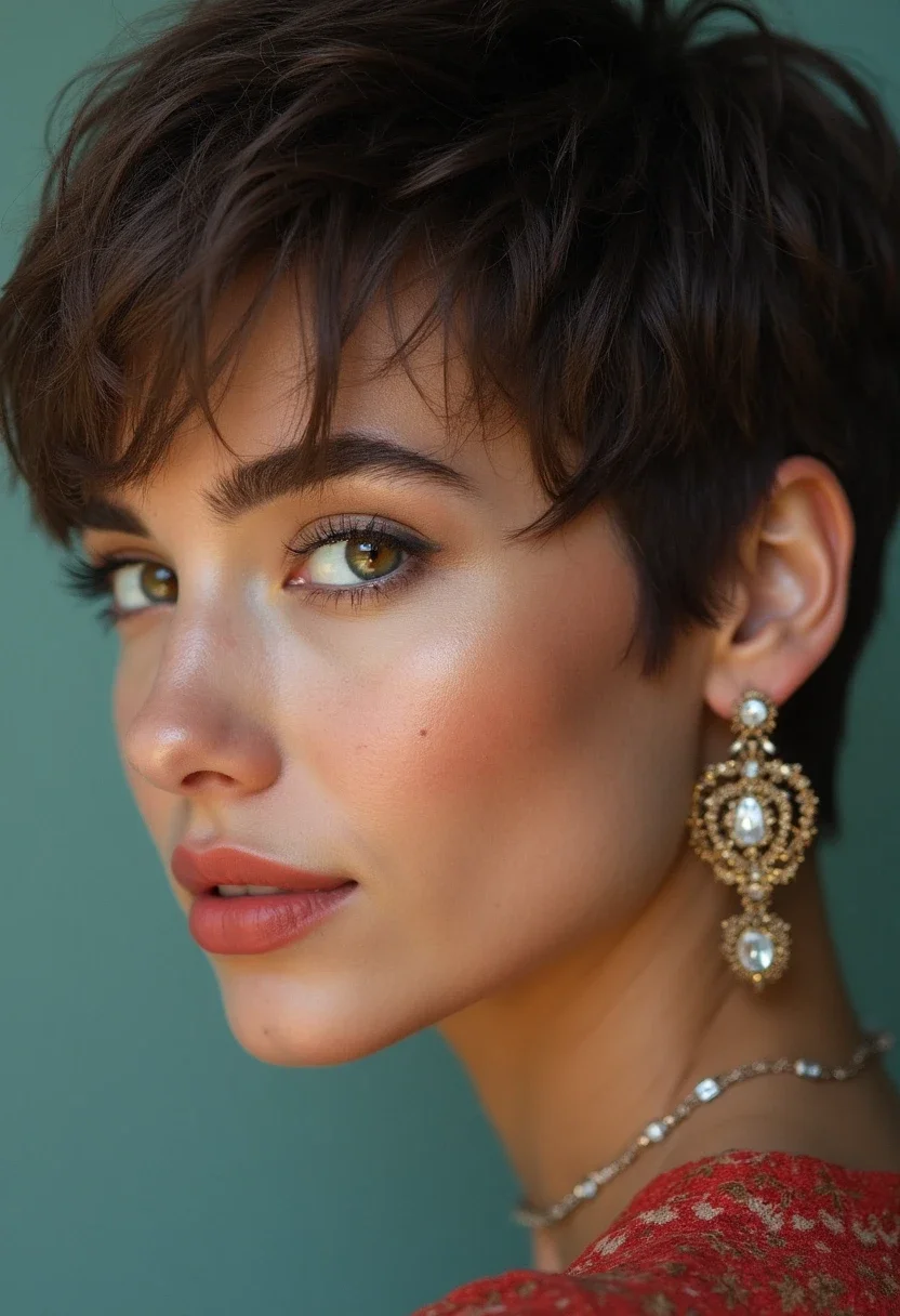 Woman with a textured pixie cut.