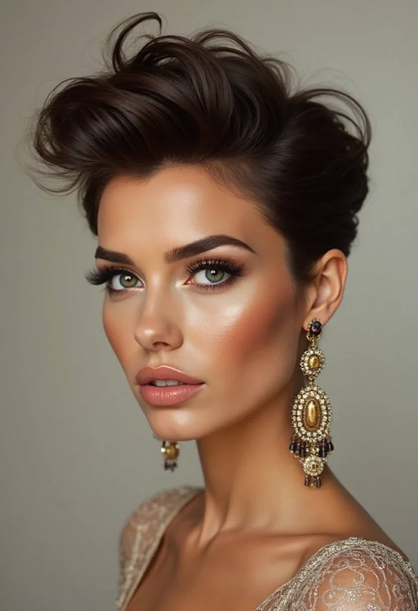 Woman with a half-up bouffant hairstyle on short hair.