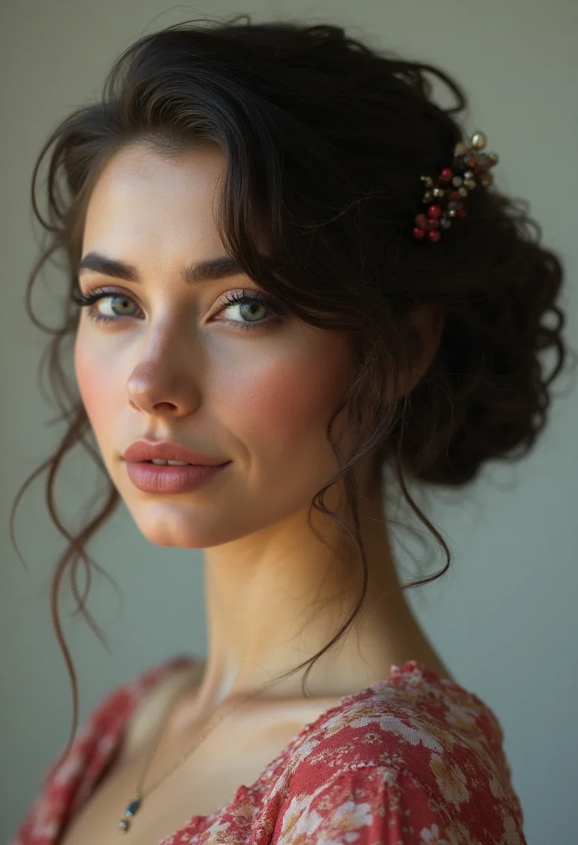 Woman with a twisted updo hairstyle on short hair.
