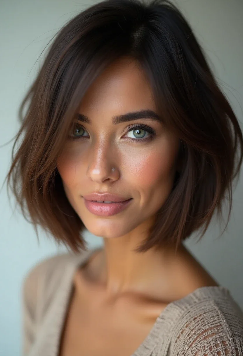 Woman with a classic bob hairstyle, featuring smooth and shiny relaxed hair.