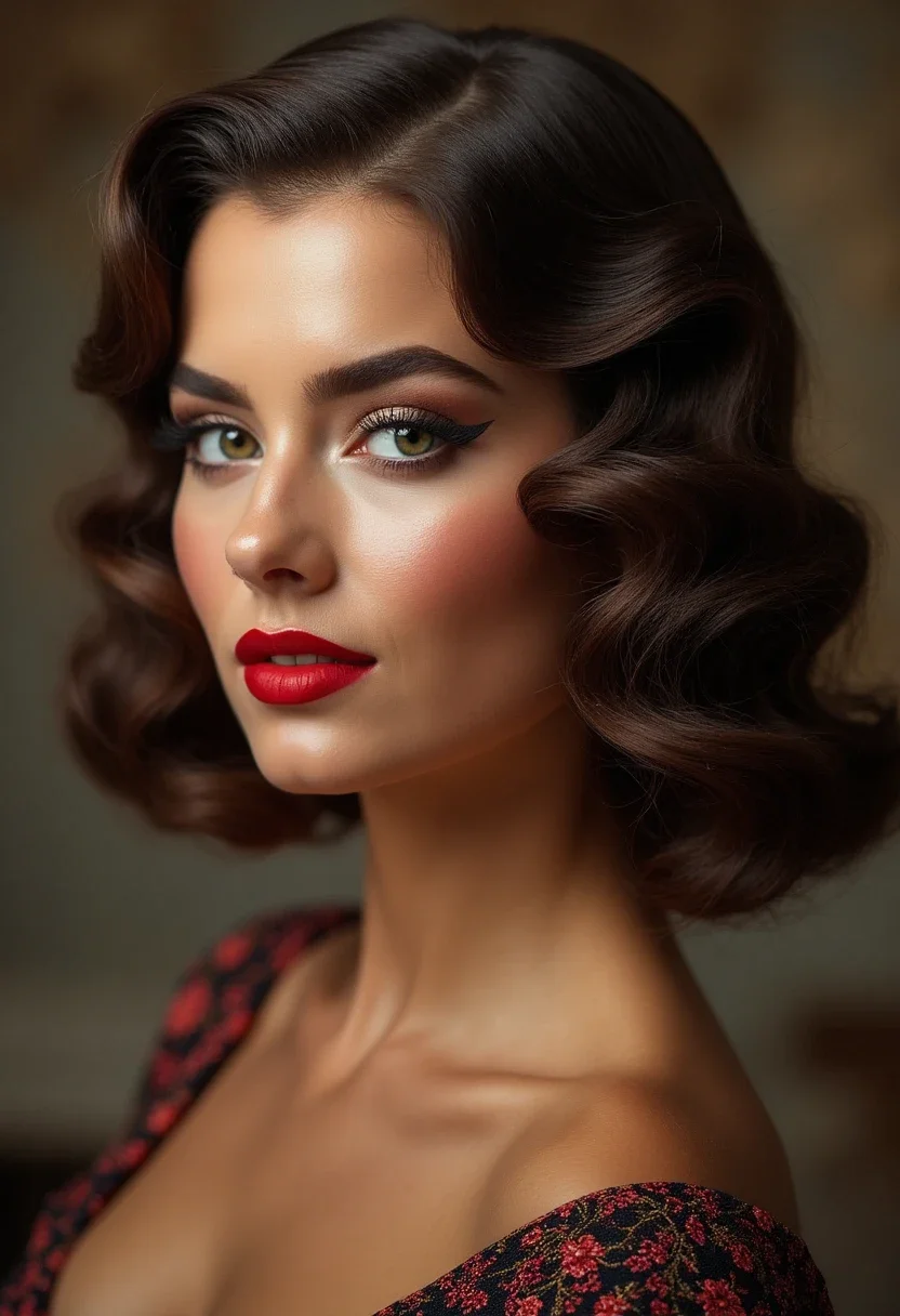 Woman with retro finger waves, featuring smooth, S-shaped waves in her relaxed hair.