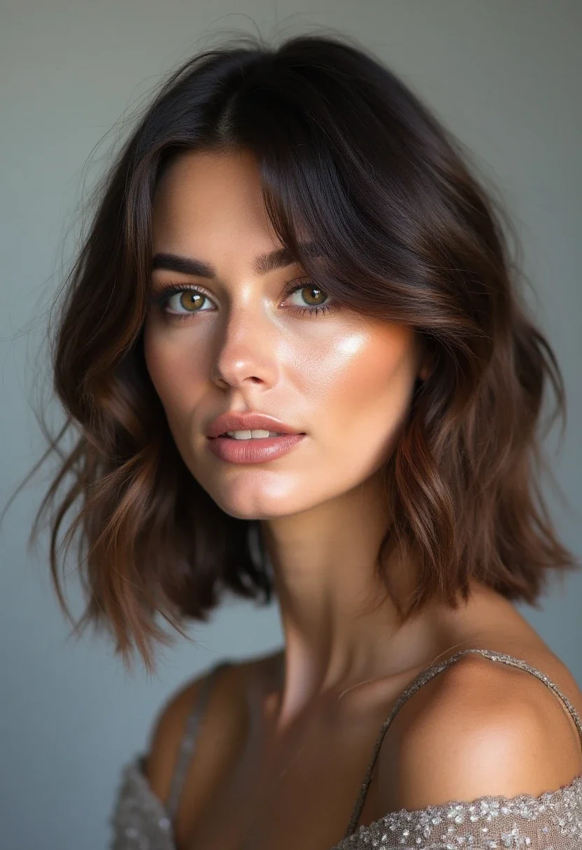 Woman with a layered lob hairstyle, showcasing shoulder-length hair with subtle waves.