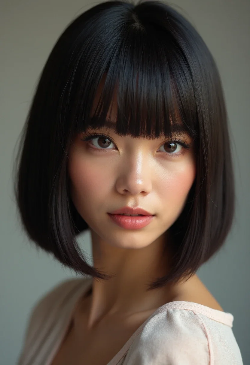 Woman with a blunt cut hairstyle, showcasing straight and even ends with a glossy finish.