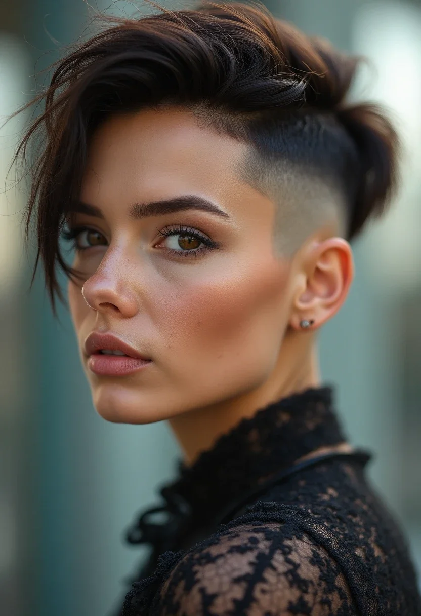 Woman with an undercut hairstyle, showcasing a shaved side and longer hair on top.