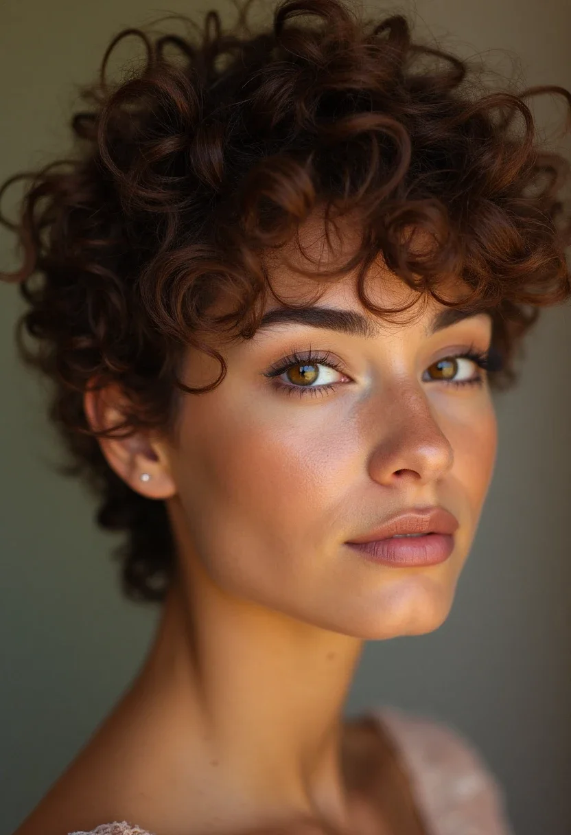 Woman with a curly pixie cut hairstyle.