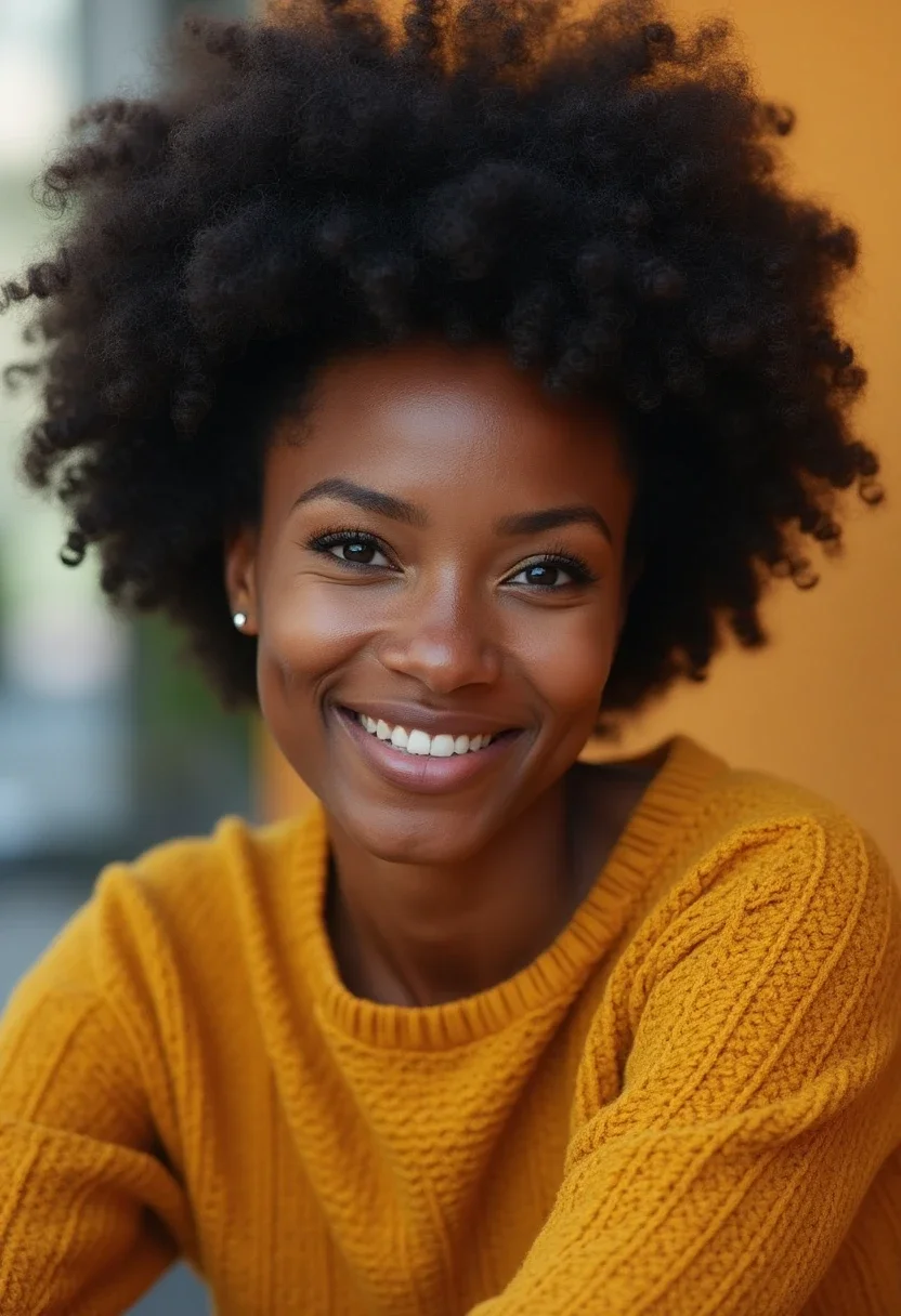 Woman with a wash and go afro hairstyle.