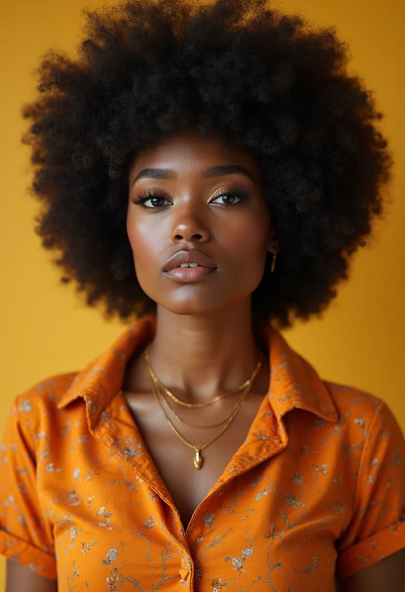 Woman with a classic '70s afro hairstyle.