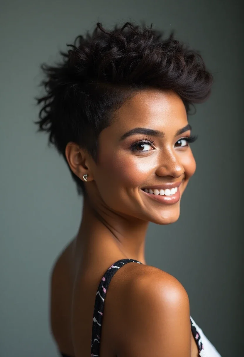 Woman with a textured crop afro hairstyle.