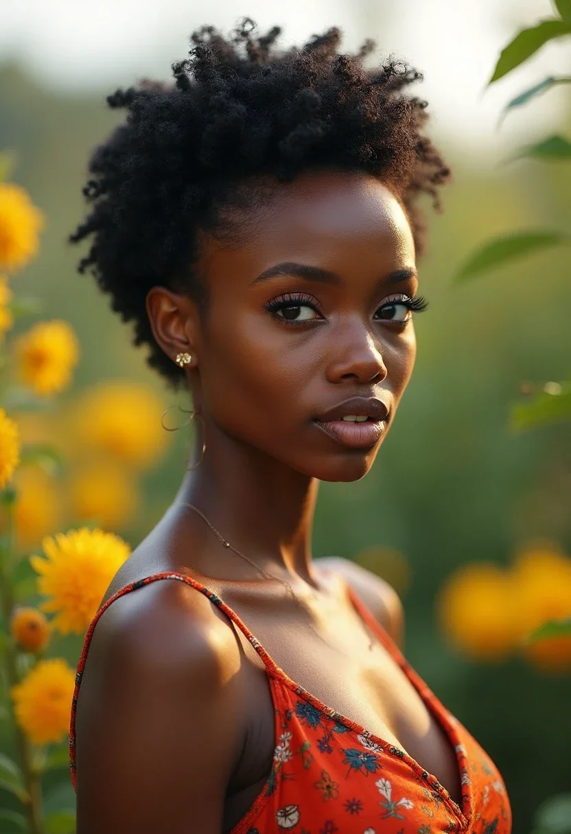 Woman with short Bantu knots hairstyle.