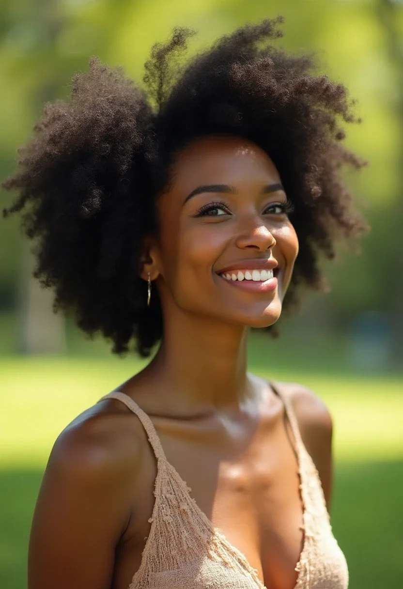 Woman with a half-up afro puff hairstyle.