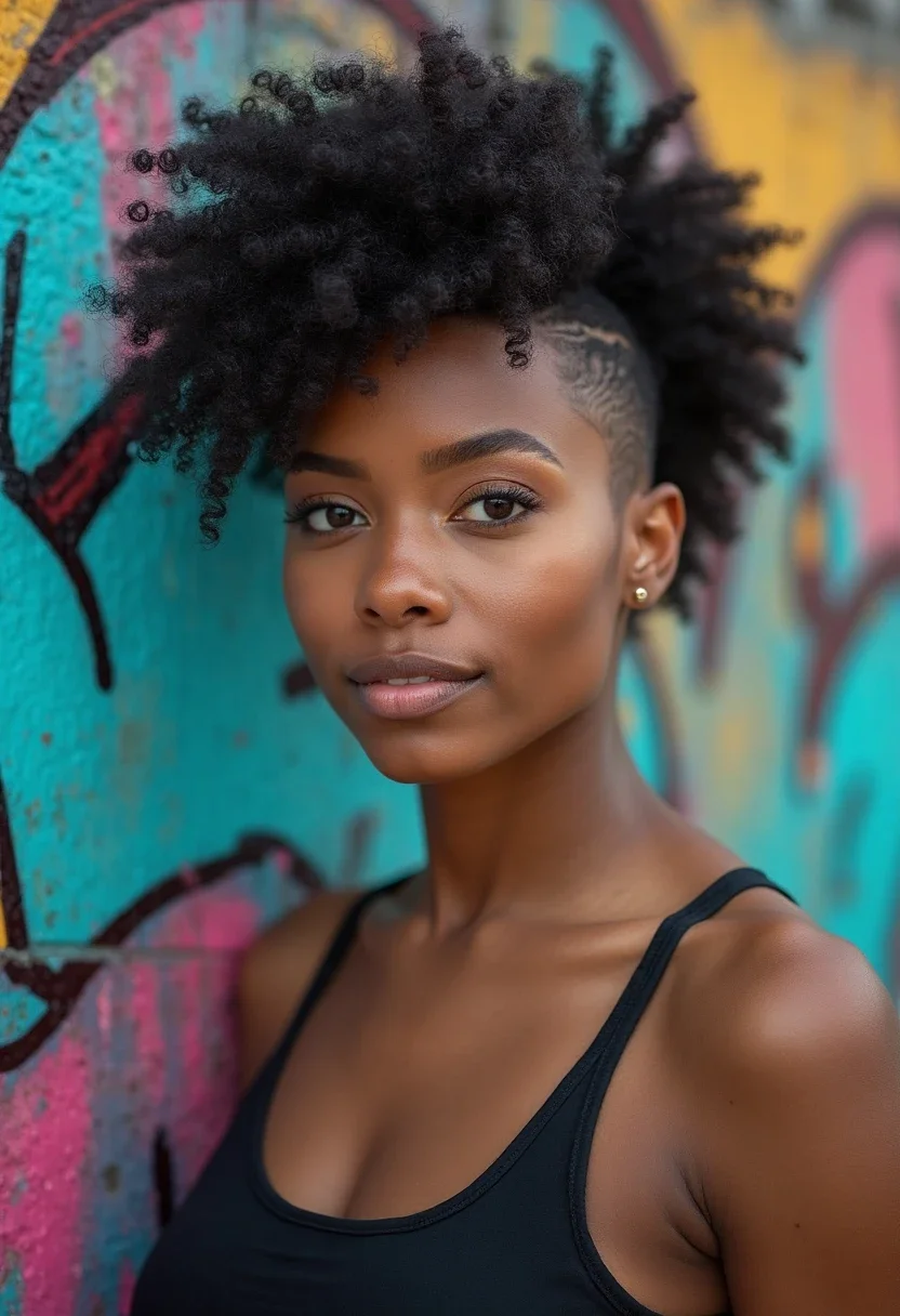Woman with an afro hairstyle and shaved sides.