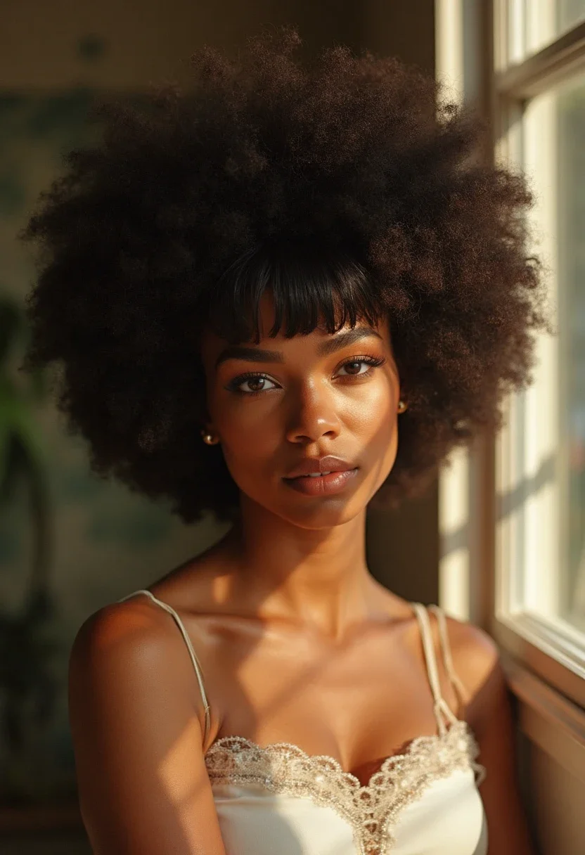 Woman with an afro hairstyle featuring bangs.