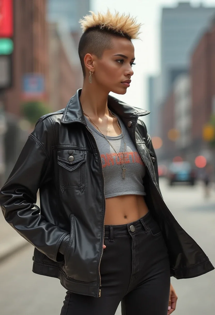Woman with a mini frohawk hairstyle.
