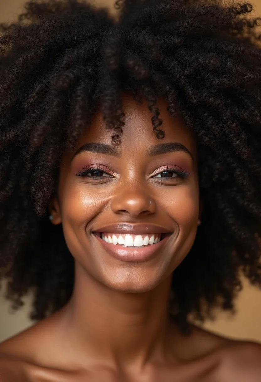 Woman with defined curls in her afro hairstyle.