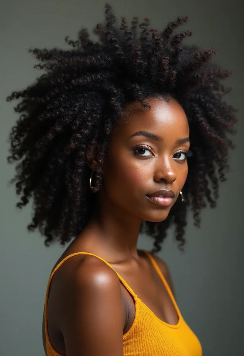 Woman with a flat twist afro hairstyle.