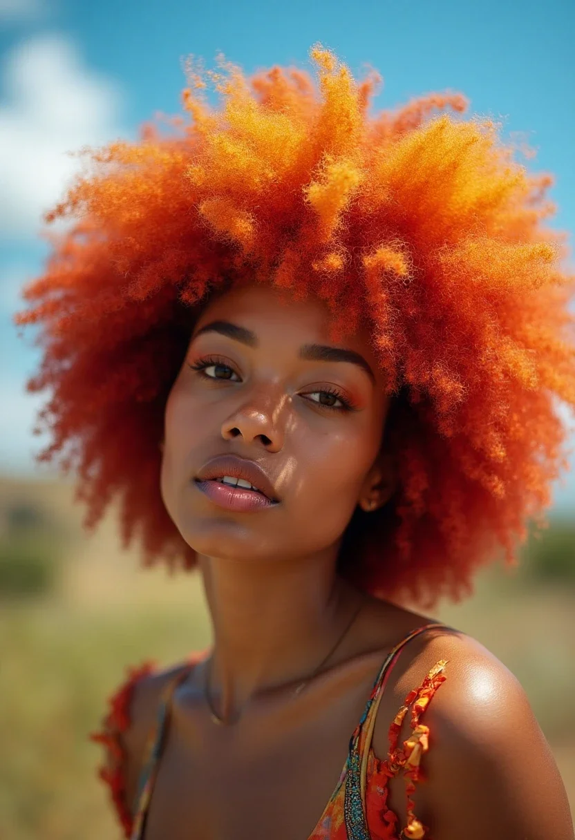 Woman with a colored afro hairstyle.