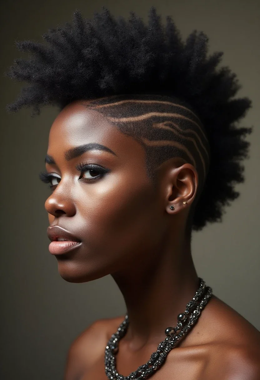 Black woman with frohawk and shaved sides hairstyle.