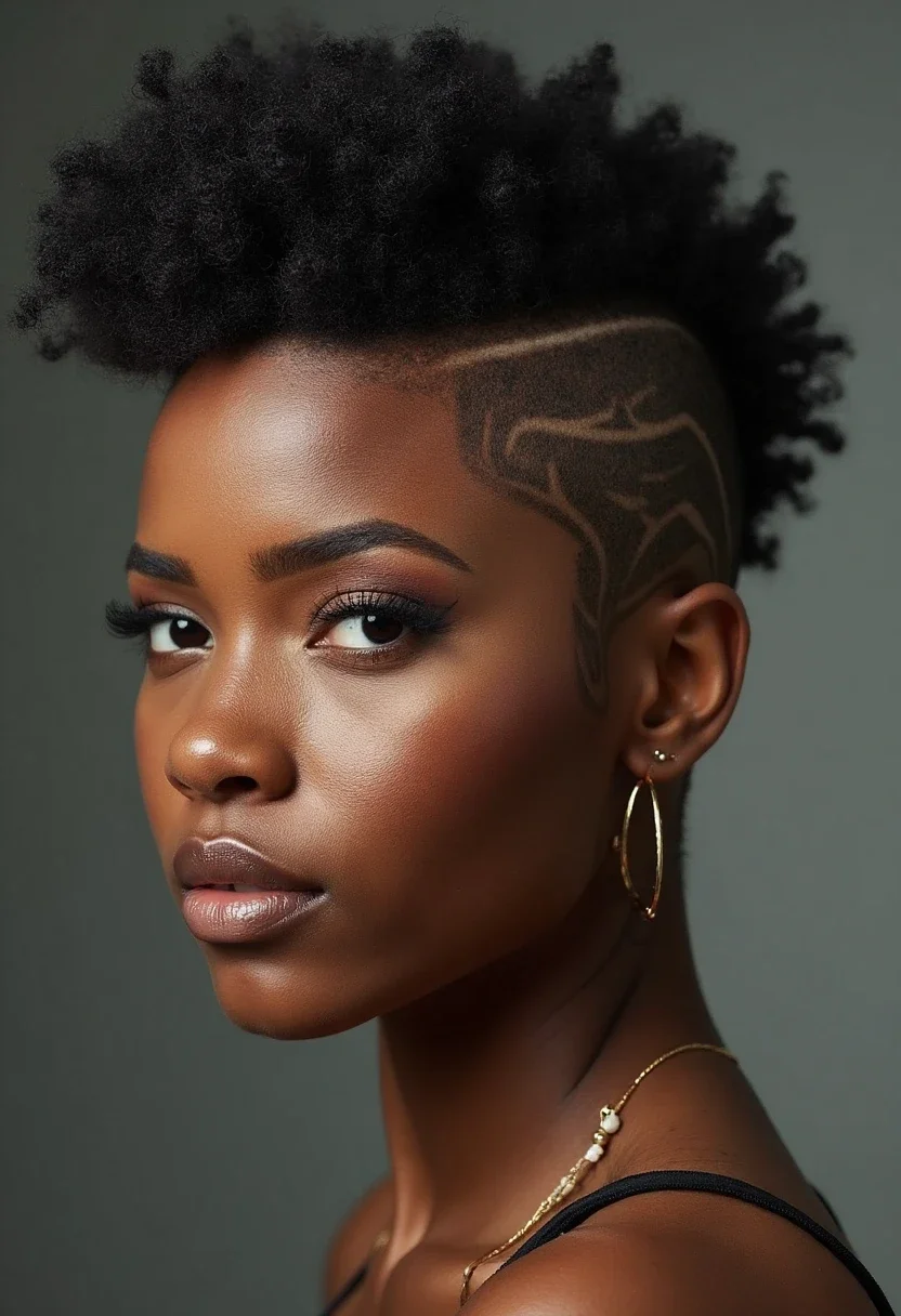 Black woman with a faux hawk hairstyle.