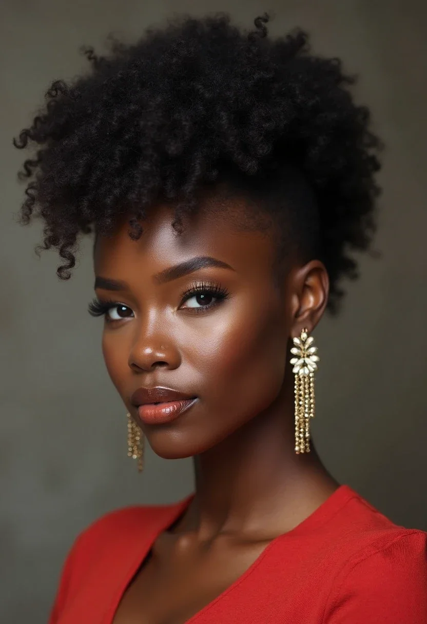 Black woman with a curly frohawk hairstyle.
