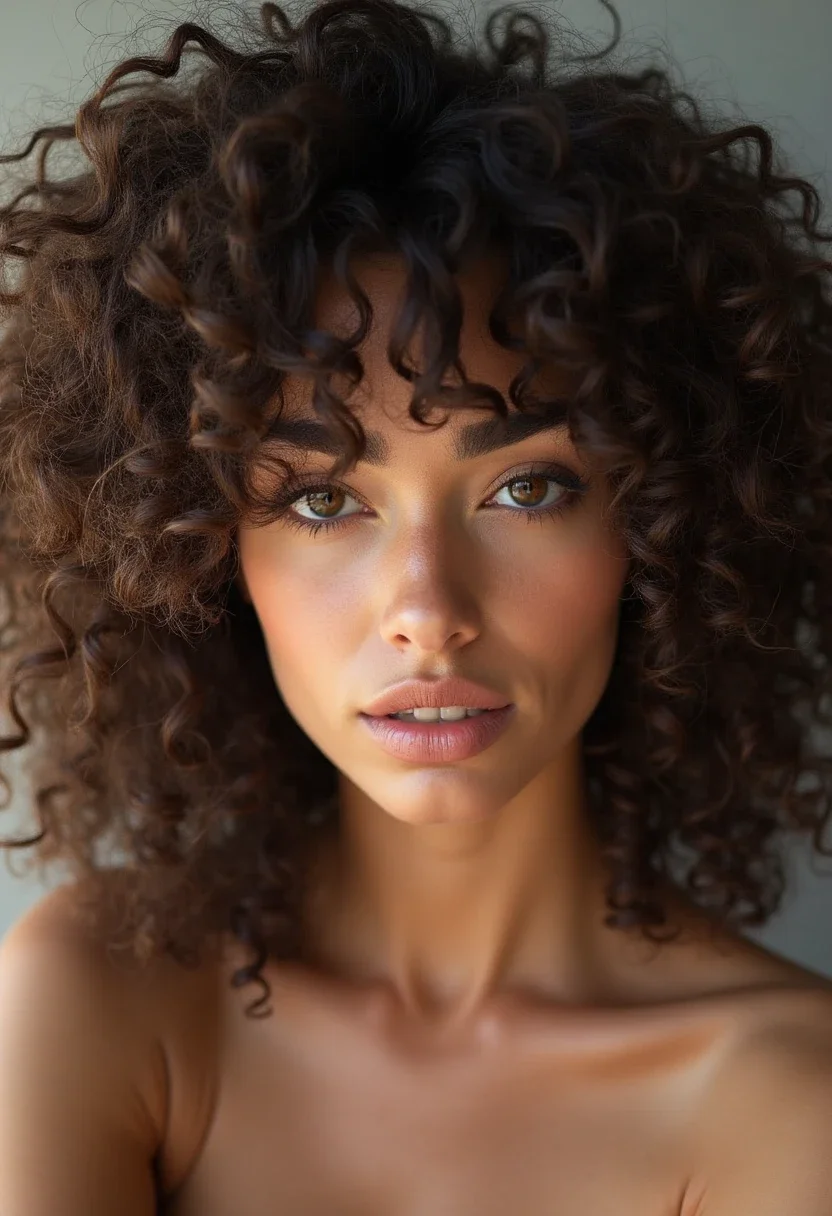 Woman with curly bangs, framing her face with natural curls.