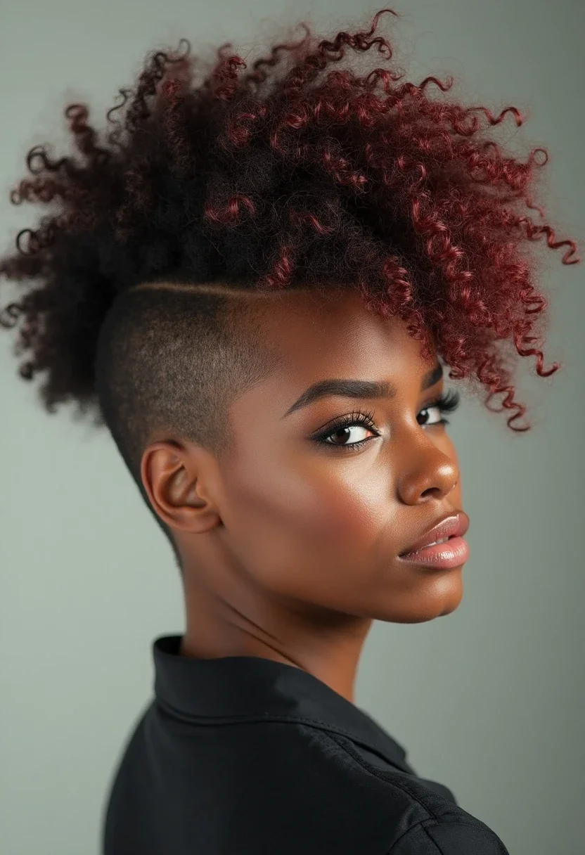 Woman with a curly mohawk, highlighting bold and textured curls.
