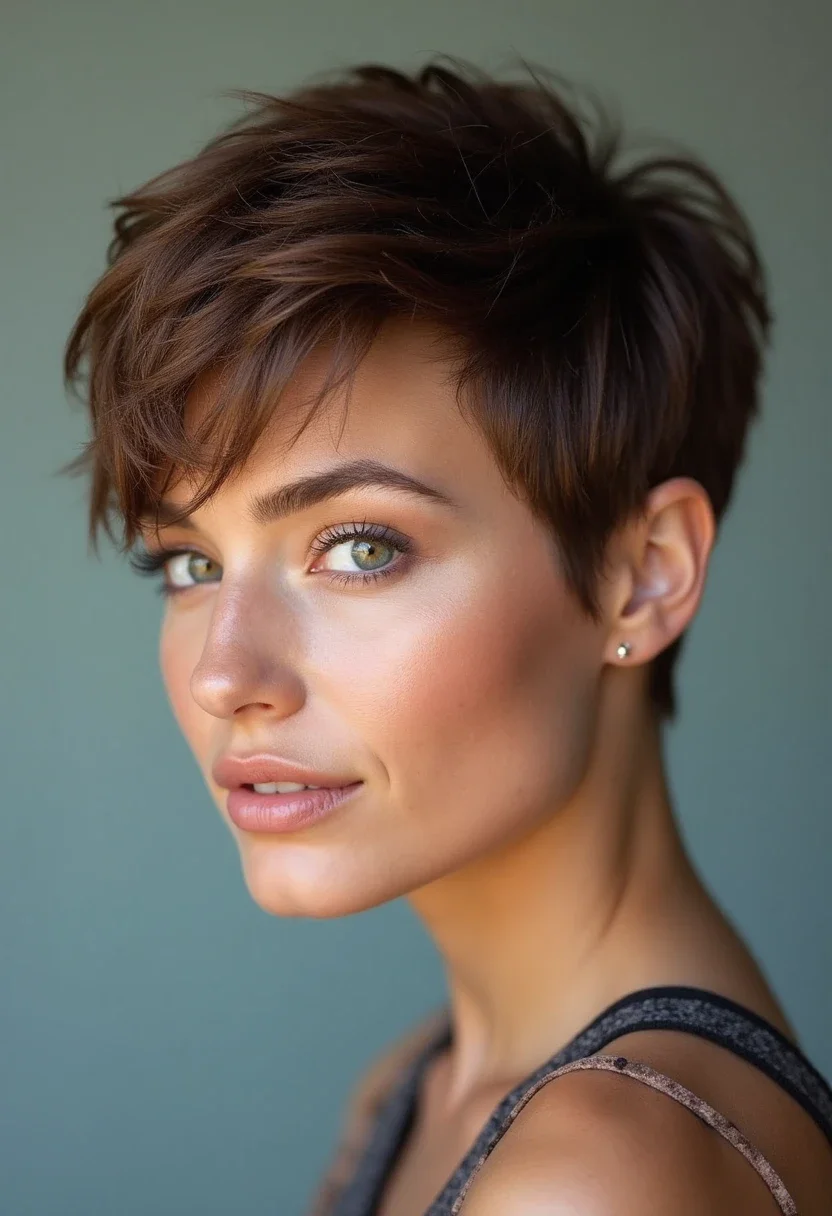 Woman with a pixie cut, featuring short and stylish hair.