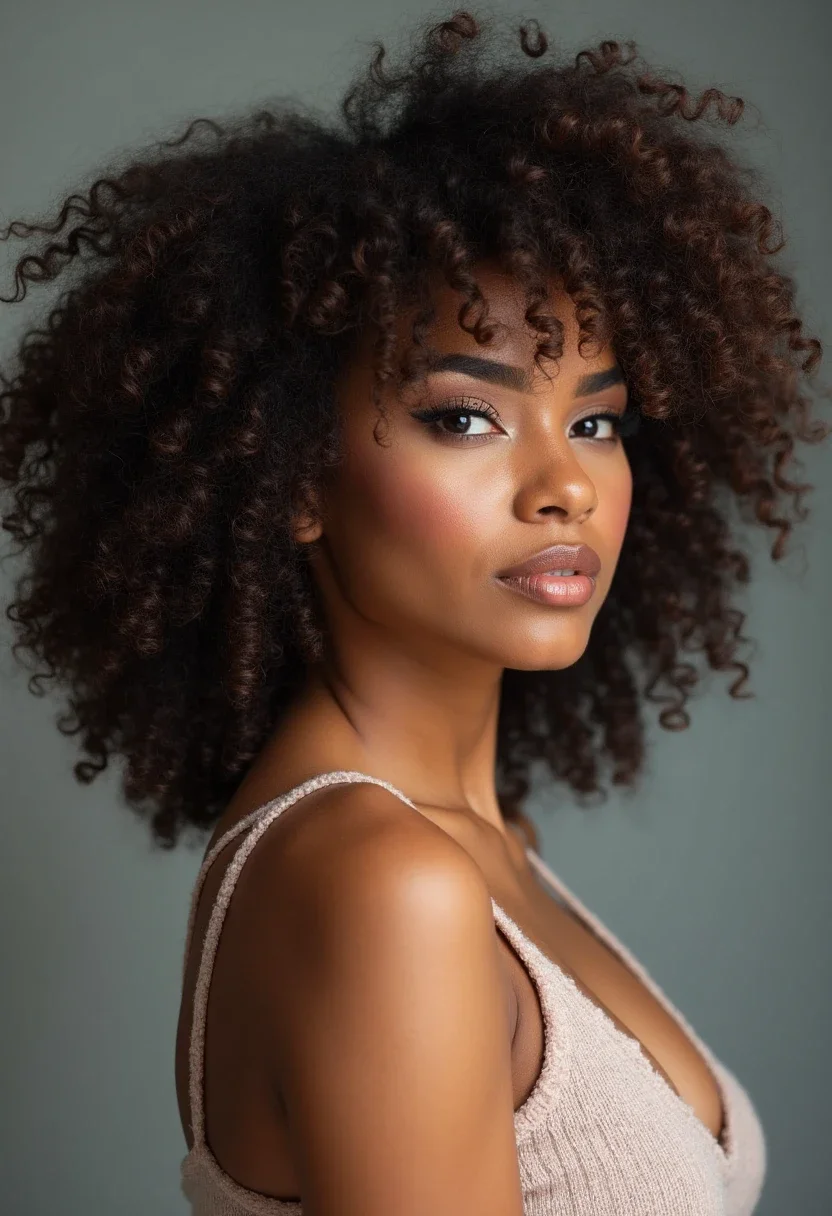 Woman with defined natural curls from a wash and go style.