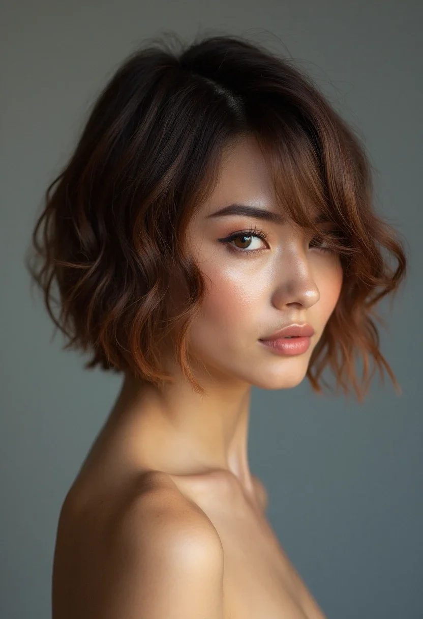 Woman with an asymmetrical bob, featuring a stylish uneven cut.