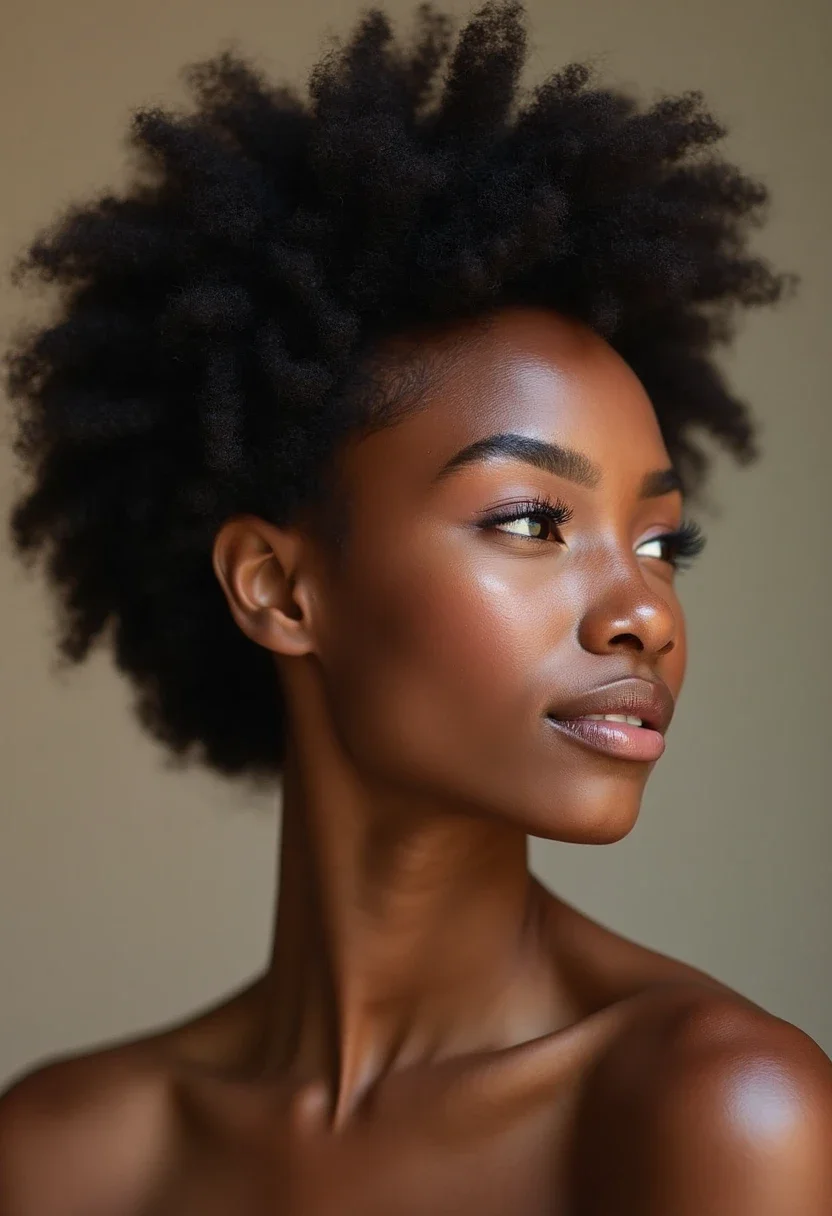 Woman with a short afro, highlighting natural hair volume.