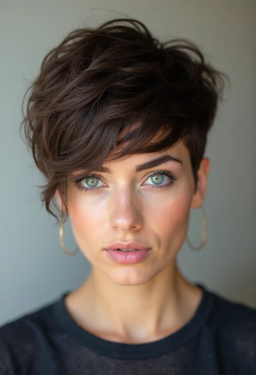 A woman with a pixie cut featuring textured layers and asymmetrical bangs.