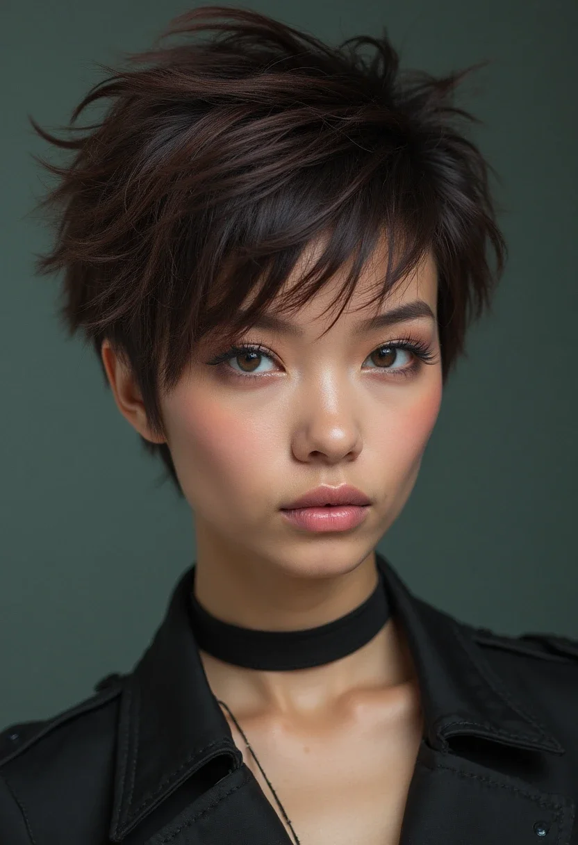 A woman with short hair styled in spiky layers.
