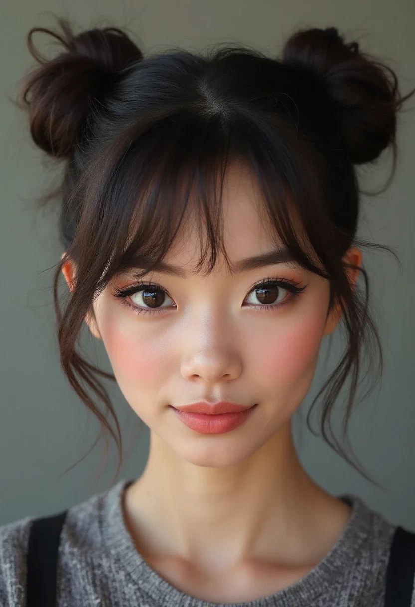 A woman with space buns on short hair.