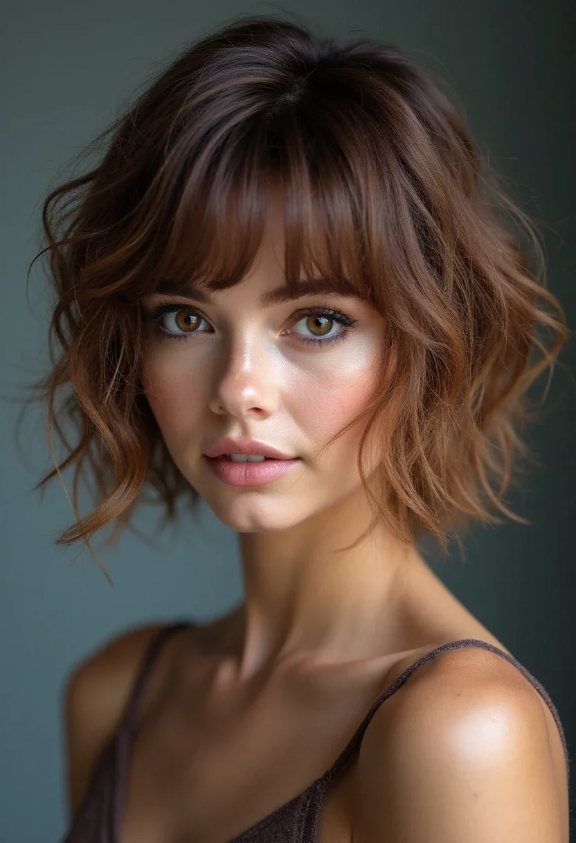 A woman with a short shag haircut showing tousled layers.