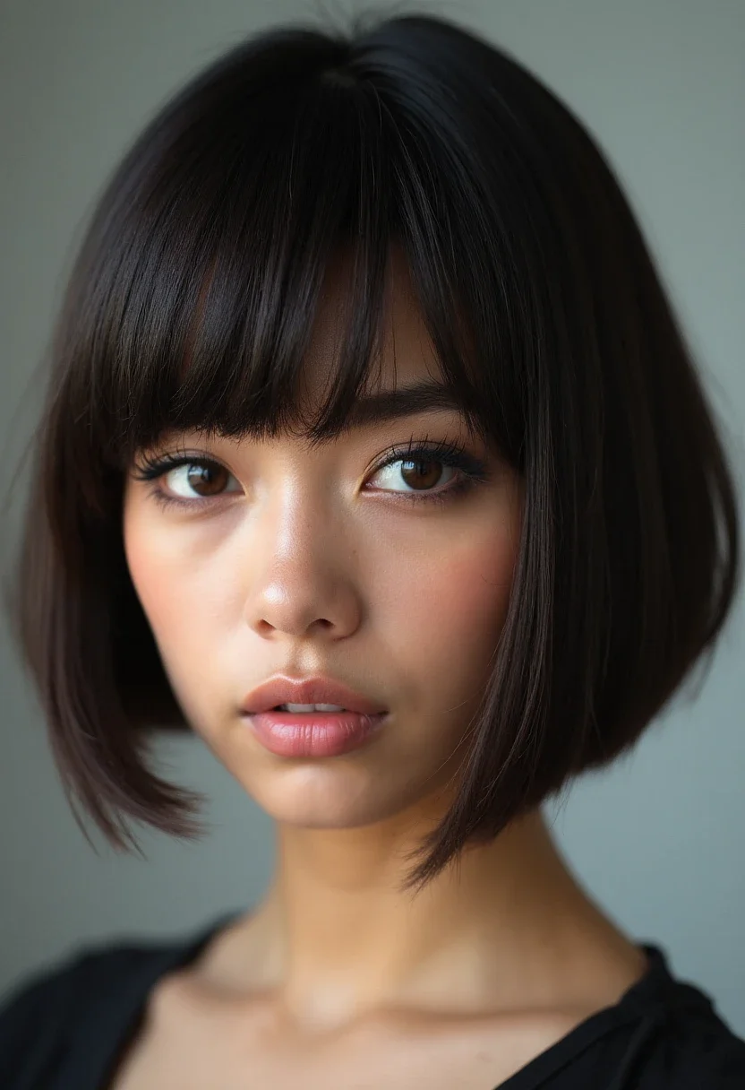 A woman with a sleek blunt bob haircut.