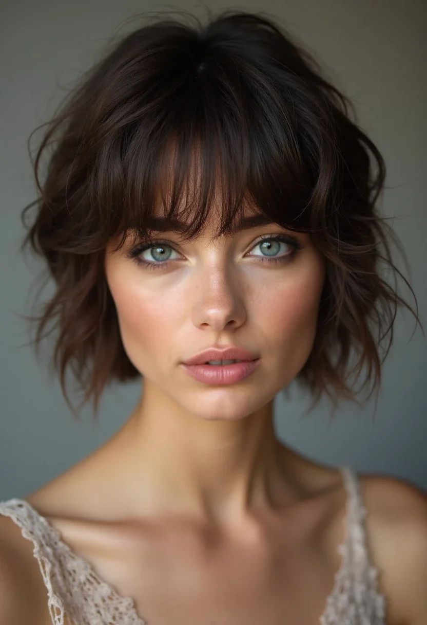 A woman with feathered fringe and short hair.