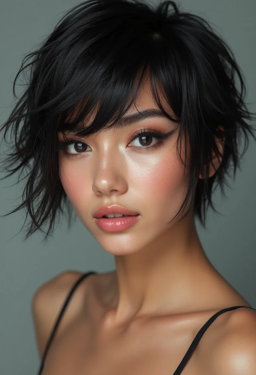 A woman with a wet hair look on short hair.