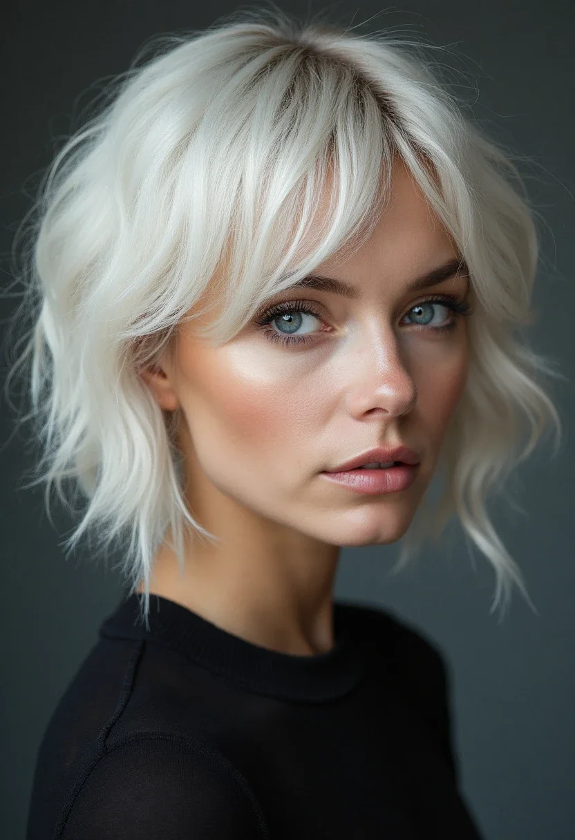 A woman with chunky highlights in short hair.